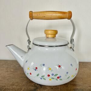 Vintage 80's Floral Enamel Teapot with Wooden Handle Granny Chic Kitchen Kettle